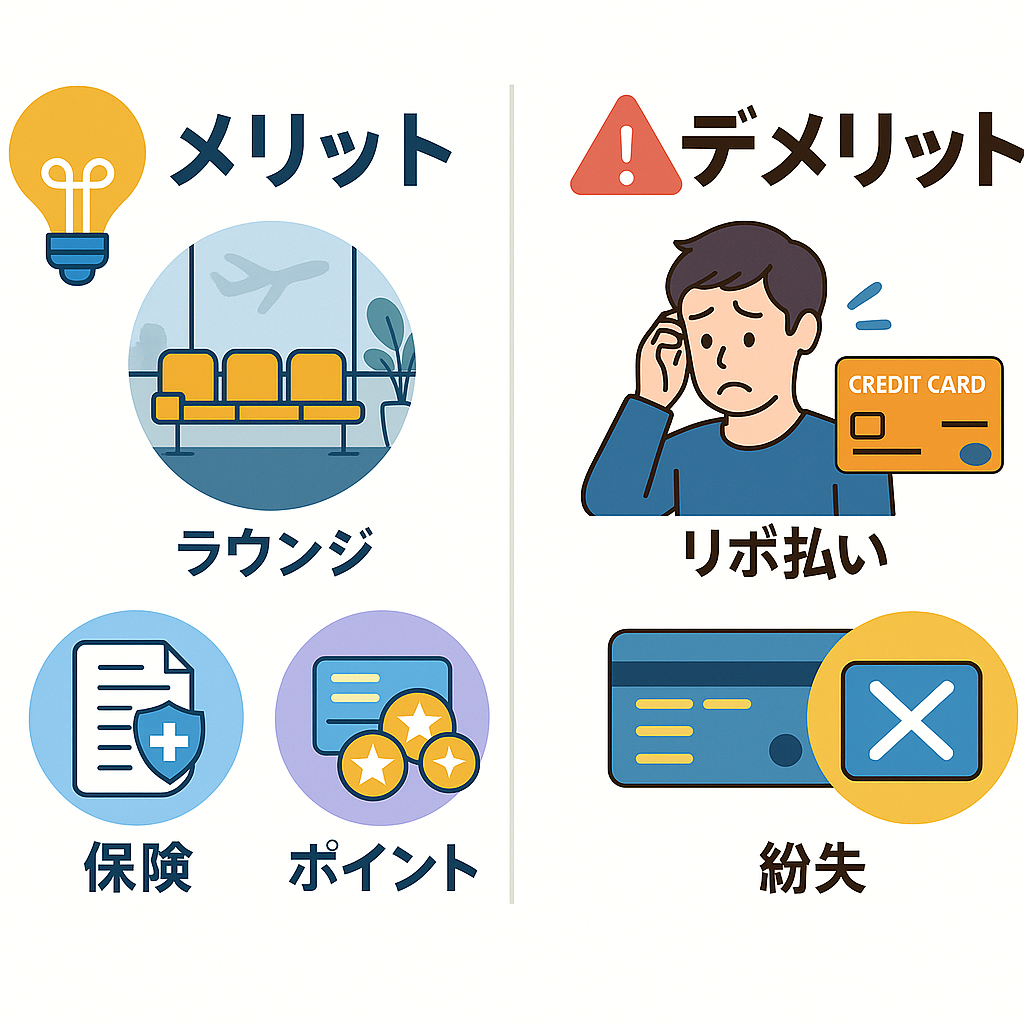 クレジットカードのメリットとデメリットを視覚的に比較した図解。左側にはラウンジ利用、保険、ポイントなどの特典、右側にはリボ払いの危険性やカード紛失のリスクをイラストで紹介。 